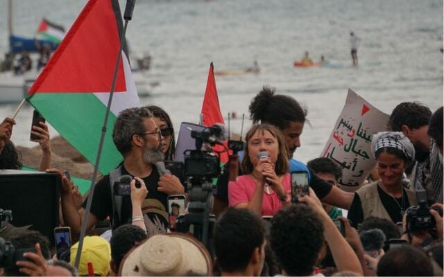 Greta Thunberg speaks alongside the Global Sumud Flotilla.