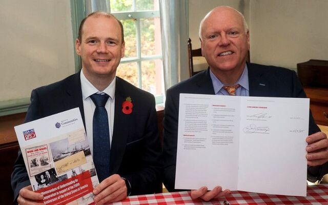 November 4, 2025: Norrthern Ireland\'s Communities Minister Gordon Lyons and America250 Commissioner Joe Crowley pictured signing the Memorandum of Understanding at the Pennsylvania Log Farmhouse at the Ulster American Folk Park.