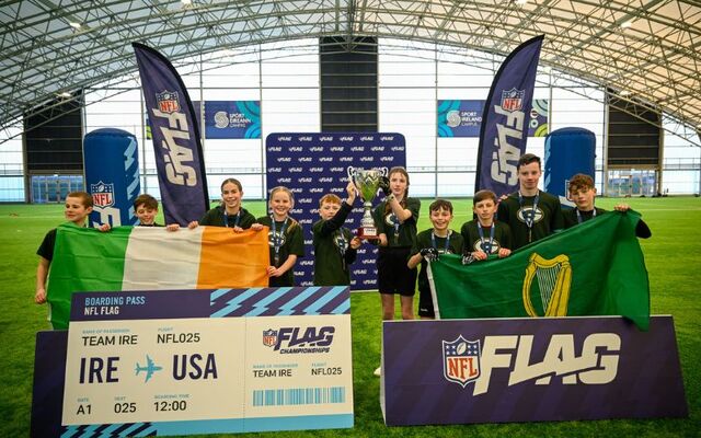 St. Marnock’s National School students from Portmarnock celebrate their U12 Championship victory at the NFL Flag All-Ireland Championships in the Sport Ireland Campus.