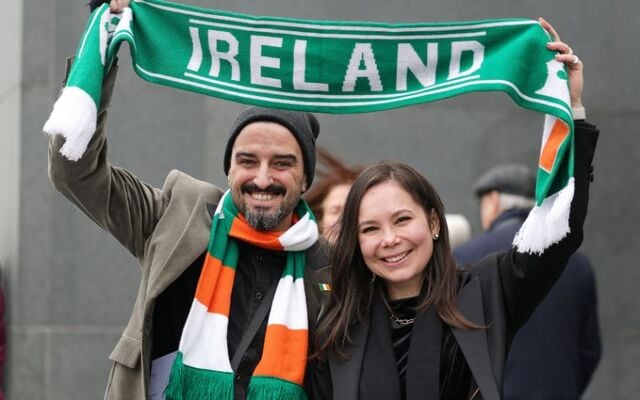 Priscila Zimmermand and Messias Cunha, who have been living here for almost seven years, holding an Irish scarf outside a Dublin citizenship ceremony earlier this year.