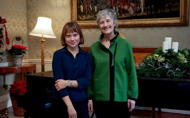 Swedish activist Greta Thunberg and President Catherine Connolly at Áras an Uachtaráin (the President\'s residence) on a courtesy call.