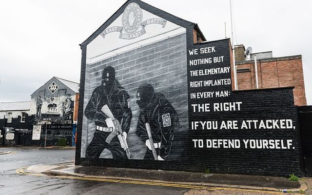 An Ulster Volunteer Force (UVF) mural on the wall of a property on the Lower Newtownards Road in east Belfast.