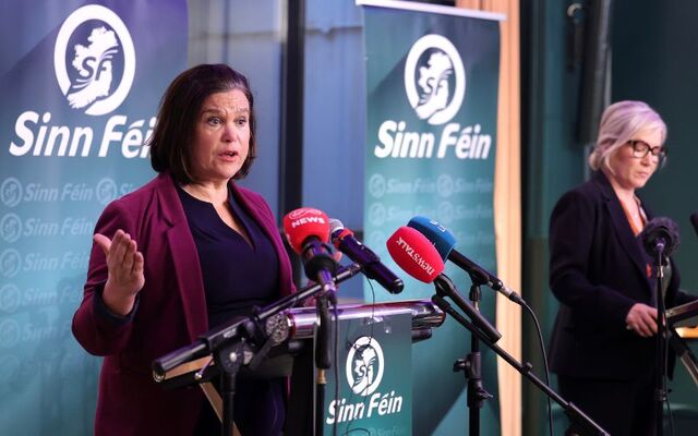 February 21, 2025: President of Sinn Féin TD Mary Lou McDonald and Vice President of Sinn Féin First Minister of Northern Ireland Michelle O\'Neill at a press conference confirming the party won\'t attend St. Patrick\'s Day events in Washington, DC.
