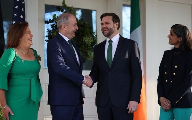 March 12, 2025: (L to R) Mary Martin, Ireland\'s Taoiseach Micheál Martin, US Vice President JD Vance, and Usha Vance.