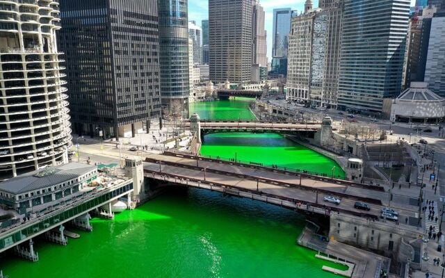 The Chicago RIver dyed green ahead of St. Patrick\'s Day in 2021.