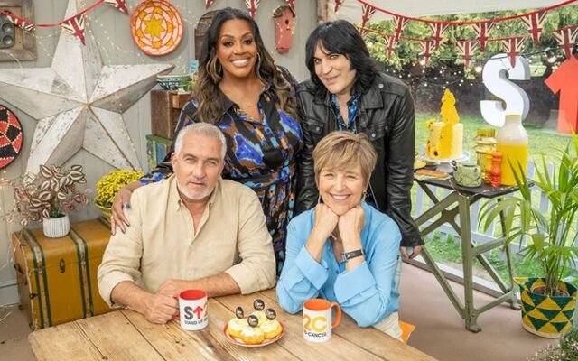 The presenters of \"Celebrity Bake Off 2025\" Alison Hammond, Noel Fielding, Paul Hollywood and standing in for Pru Leith, Caroline Waldgrave.