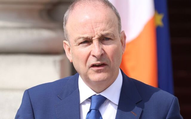 April 3, 2025: Ireland\'s Taoiseach Micheal Martin speaking outside Government Buildings in Dublin.