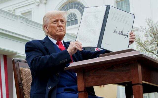 April 2, 2025: US President Donald Trump at the \'Make America Wealthy Again\' event at the White House where he announced sweeping tariffs on imports. 