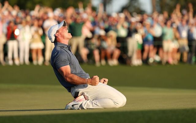 April 13, 2025: Rory McIlroy putts for birdie to win the 2025 Masters Tournament during the playoff hole on the 18th green at Augusta National Golf Club in Augusta, Georgia.