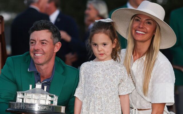 April 13, 2025: Rory McIlroy, daughter Poppy, and wife Erica Stoll holding the Masters trophy during the Green Jacket Ceremony after winning the 2025 Masters Tournament at Augusta National Golf Club in Augusta, Georgia