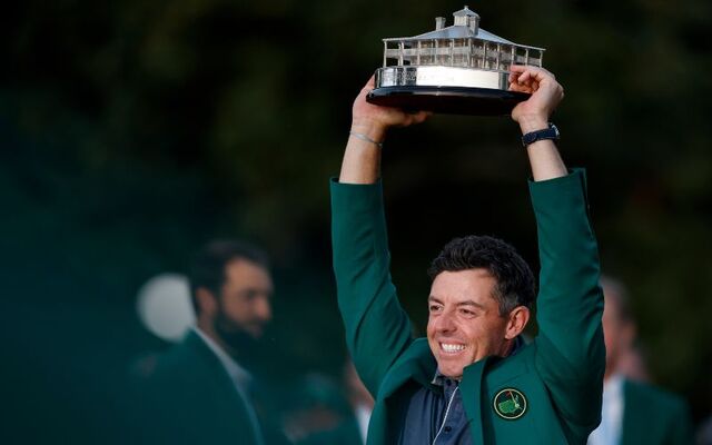 April 13, 2025:  Rory McIlroy of Northern Ireland poses with the Masters trophy during the Green Jacket Ceremony after winning the 2025 Masters Tournament at Augusta National Golf Club in Augusta, Georgia.