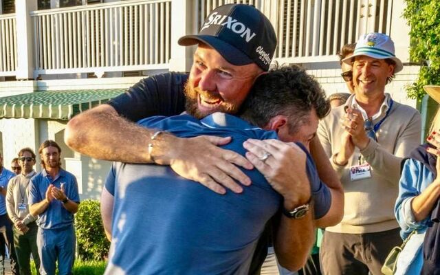 April 13, 2025: Shane Lowry celebrates with Rory McIlroy after the Co Down golfer won the Masters.