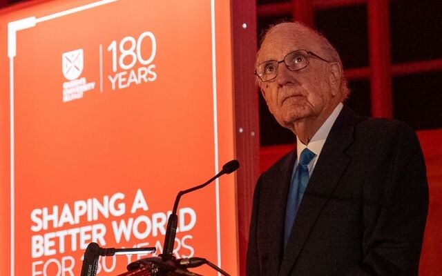 April 16, 2025: Former US Senator George Mitchell delivers a keynote address at Queen\'s University Belfast\'s \'Passing the Torch\' event.