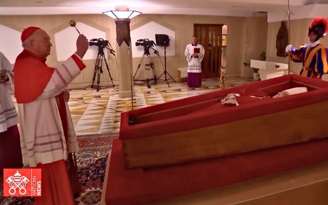 April 21, 2025: Camerlengo Kevin Farrell presides over the rite of certification of death and the placing of the body of Pope Francis in the coffin.