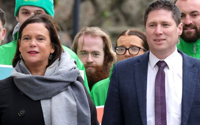 November 28, 2024: Sinn Féin party leader Mary Lou McDonald with Matt Carthy outside Government Buildings on the last day of canvassing in the general election.