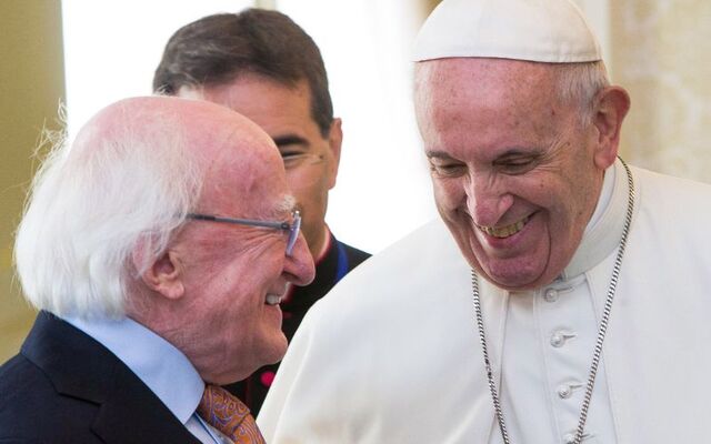 August 25, 2018: President of Ireland Michael D. Higgins welcomes Pope Francis to Áras an Uachtaráín in Dublin.