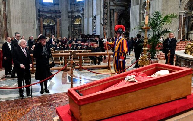 April 25, 2025: President of Ireland Michael D Higgins and his wife Sabina pay their respects to Pope Francis at St. Peter\'s Basilica in the Vatican.