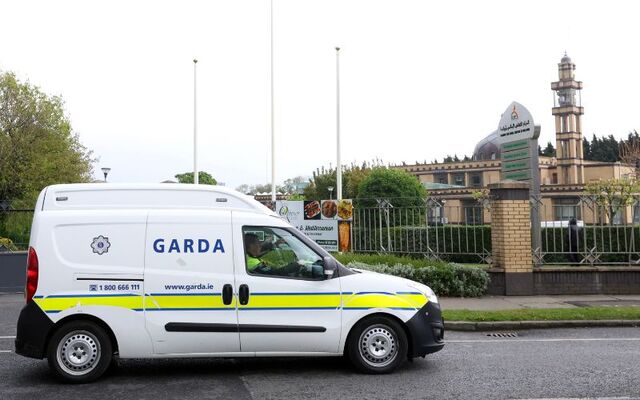 April 25, 2025: Gardai outside the Islamic Cultural Centre in Clonskeagh, Dublin.