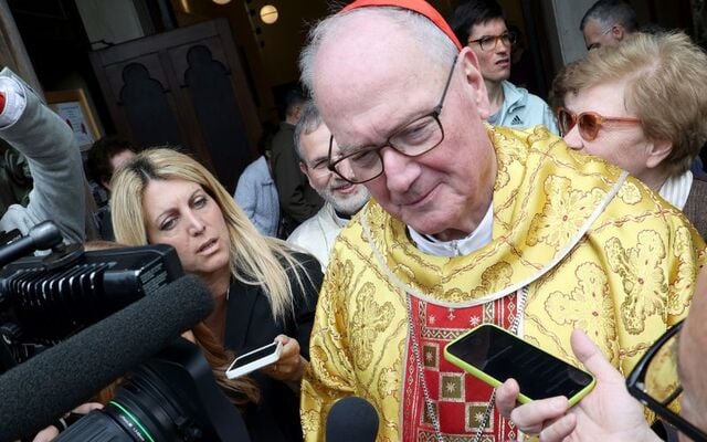 May 4, 2025: Archbishop of New York Cardinal Timothy Dolan, an Irish American, meets media a the end of a Mass in his own titular Church \'Nostra Signora di Guadalupe a Monte Mario\' at the northern outskirts of Rome in Italy.
