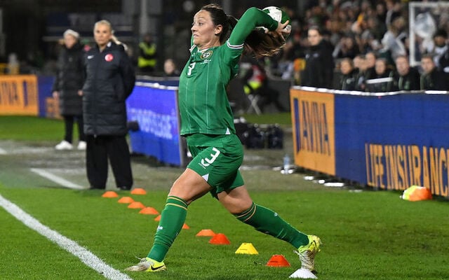 Megan Campbell takes a throw in during the UEFA Women\'s Nations League 2024/25 Grp B2 MD1 match between Republic of Ireland and Türkiye at Tallaght Stadium on February 21, 2025 in Tallaght, Ireland.\n
