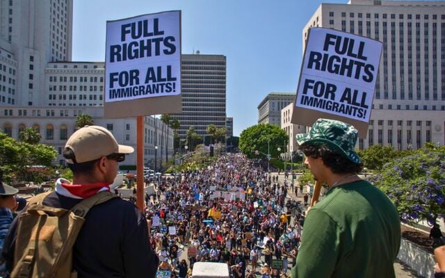 Sunday, June 8, 2025:  Protestors against immigration raids march from the Los Angeles City Hall to the LA Federal Building in Los Angeles, California. 