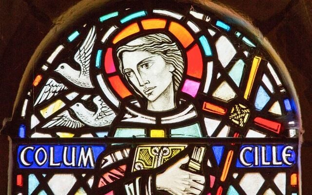 A stained glass window of St. Columba in Iona Abbey on Iona, off Mull, Scotland.