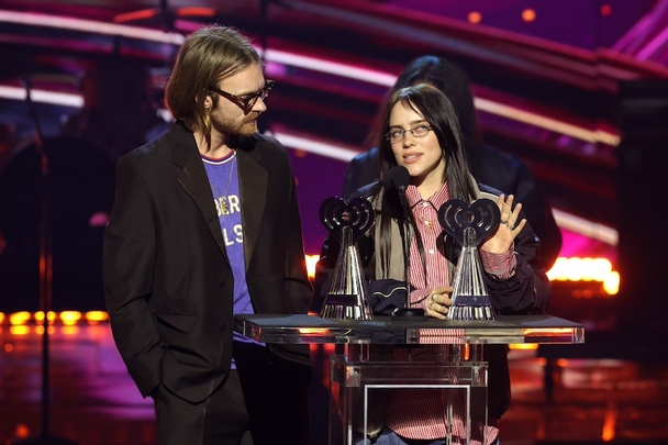 March 17, 2025: FINNEAS and Billie Eilish accept the Album of the Year Award onstage at the 2025 iHeartRadio Music Awards at the Dolby Theatre in Los Angeles, California.