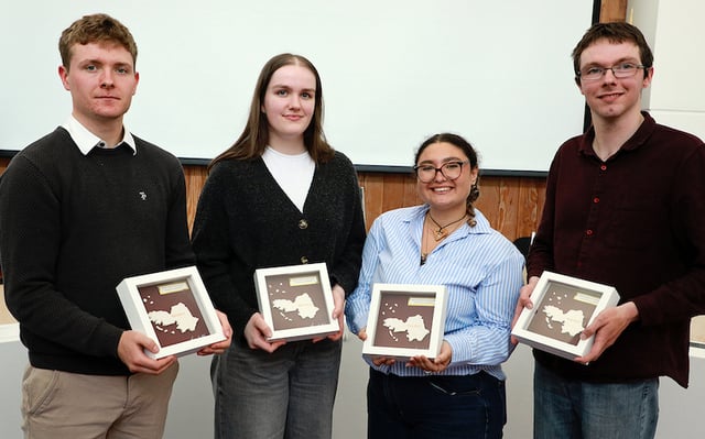 University of Galway students Carlos Grace, Laura Daly, Giada Solito, and Liam Flaherty pictured at the launch of a new digital StoryMap project in Áras an Chontae. 