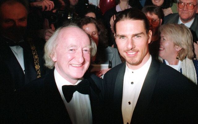 Tom Cruise with the then Labour Minister for Arts and Culture, Michael D Higgins, at the European premiere of \"Interview with the Vampire\" at the Savoy, in Dublin, 1995 .