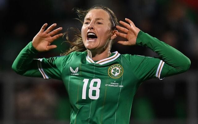 February 21, 2025: Kyra Carusa of Rupublic of Ireland celebrates scoring her team\'s first goal during the UEFA Women\'s Nations League 2024/25 Grp B2 MD1 match between Republic of Ireland and Türkiye at Tallaght Stadium.