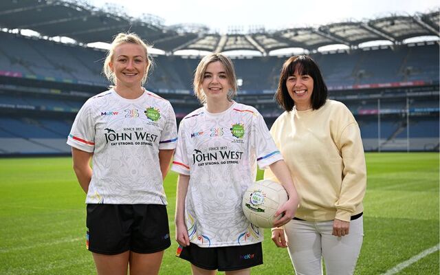 John West Féile 2025 Ambassador, inter-county ladies’ football star Carla Rowe, Dublin, with Whitehall Colmcille’s player Sadhbh Timlin and her mother Éidín Timlin at Croke Park in advance of the John West Féile 2025 finals.