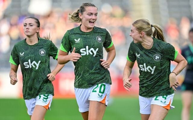 June 26, 2025: Abbie Larkin #19, Saoirse Noonan #20, and Erin Healy #25 of the Republic of Ireland team in an international friendly match against the United States team at Dick\'s Sporting Goods Park in Commerce City, Colorado.