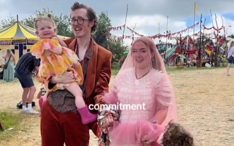 Irish Mum’s Glastonbury wedding is going viral with her kids "asking for snacks mid-ceremony"