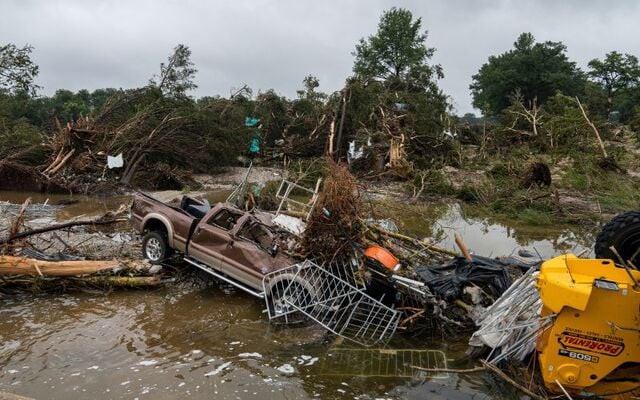 July 5, 2025: Flood waters left debris, including vehicles and equipment, scattered in Louise Hays Park in Kerrville, Texas. Heavy rainfall caused flooding along the Guadalupe River in central Texas, with multiple fatalities reported.