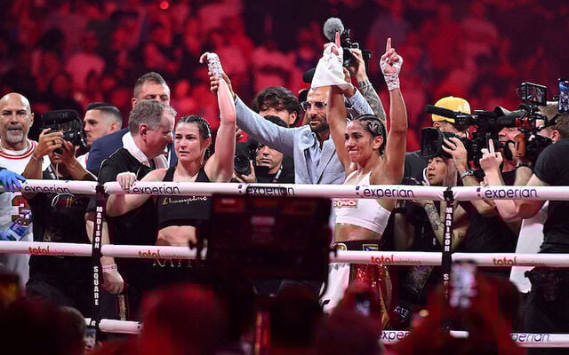Katie Taylor and Amanda Serrano react after their their undisputed IBF, WBA, WBC, WBO, and Ring super lightweight championship bout during Netflix\'s Katie Taylor vs Amanda Serrano 3 - Historic All-Women Fight Card at Madison Square Garden on July 11, 2025 in New York City. 