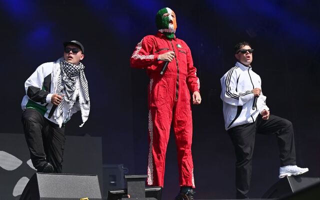 June 28, 2025:  Mo Chara, DJ Provaí, and Móglaí Bap of Kneecap during day four of Glastonbury festival 2025 at Worthy Farm, Pilton in Glastonbury, England.