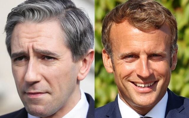 Ireland\'s Tanaiste Simon Harris (R) and President of France Emmanuel Macron in Dublin in 2021 (L).