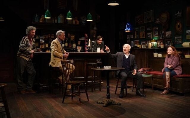 John Keating, Sean Gormley, Johnny Hopkins, Dan Butler, and Sarah Street in the Irish Rep\'s 2025 production of \"The Weir.\"