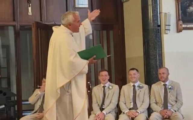 Father Joe serenades his wedding congregation with a rendition of Oasis\' \"Wonderwall\".