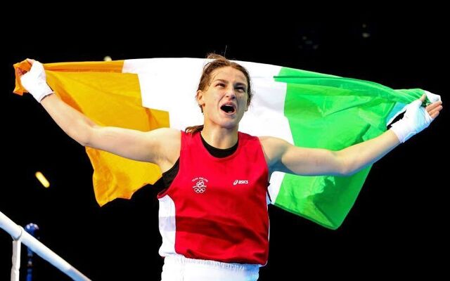 August 9, 2012: Katie Taylor celebrates winning her bout against Sofya Ochigava of Russia during the Women\'s Light (60kg) Boxing final bout on Day 13 of the London 2012 Olympic Games at ExCeL in London, England.