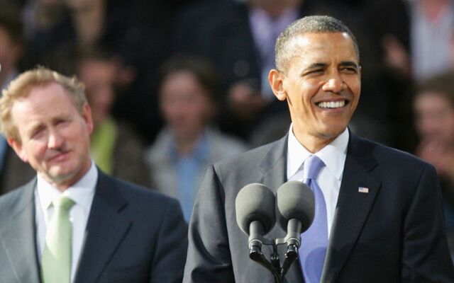 May 23, 2011: US President Barack Obama, with Taoiseach Enda Kenny nearby, addresses crowds at Dublin\'s College Green.