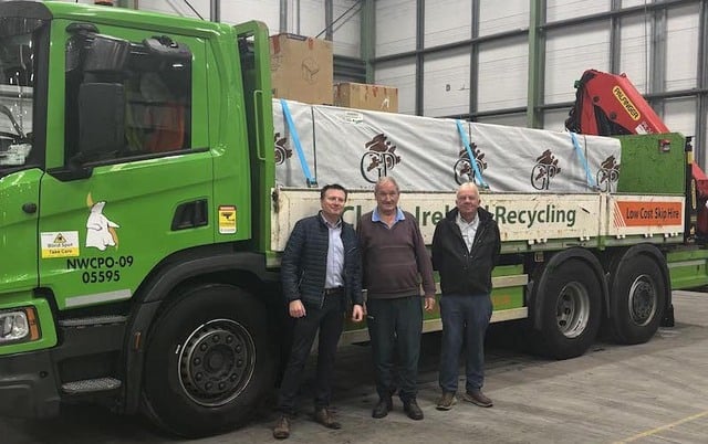 Pat Barry of Project ESPWA and Brian Lyons (left) and Diarmaid O Donnell (right) of Clean Ireland Recycling pictured ahead of a shipment of building materials ahead of its departure for Kenya.
