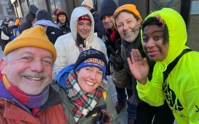 Brendan Fay  (L) and fellow Zohran Mamdani supporters at the Mayor of New York City\'s inauguration.