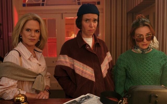 Sinead Keenan as Robyn Winters, Caoilfhionn Dunne as Dara Friel, Roisin Gallagher as Saoirse Shaw in \"How to Get to Heaven from Belfast.\"