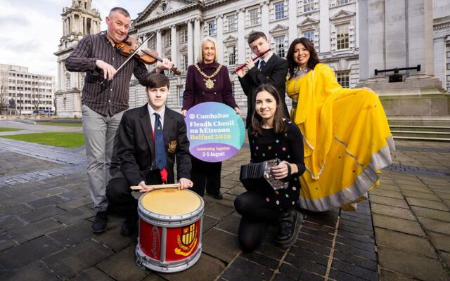 Lord Mayor of Belfast, Councillor Tracy Kelly is joined by members of Ards Comhaltas Ceoltóirí Éireann, Belfast Boys’ Model School Flute Band, and ArtsEkta-South Asian Dance Academy at Belfast City Hall as Belfast City Council and Comhaltas announce the key city centre venues that will host this summer’s Fleadh Cheoil na hÉireann.