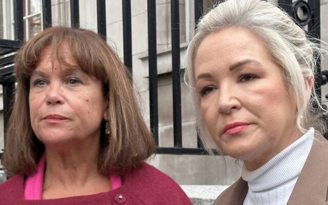September 29, 2026: Sinn Féin President TD Mary Lou McDonald (L) and Sinn Féin Vice President and First Minister of Northern Ireland Michelle O\'Neill (R) at the gates of Government Buildings in Dublin before meeting the Taoiseach to discuss the Garvaghy Road dispute.