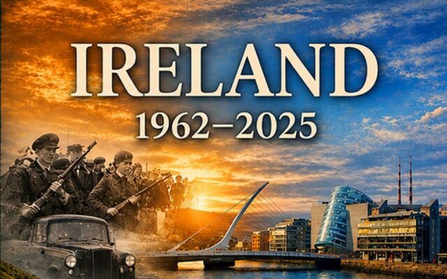Art from the cover of \"Ireland 1962-2025: An Island Transformed\" by John Bradshaw.