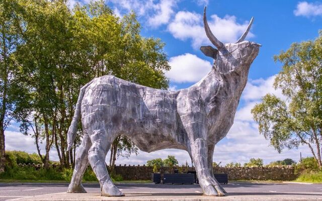 A bull sculpture in Ireland\'s Tidiest Town and Village of 2026, Ballinahown, Co Westmeath.