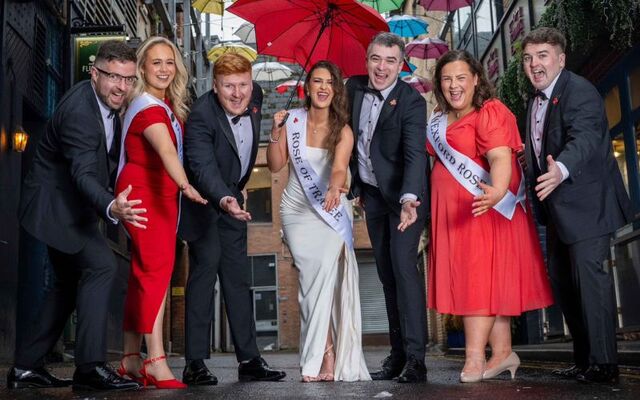 Stephen Linnane, the Kerry rose escort; Dublin Rose Edel Cronin; PJ Jordan from Meath; Rose of Tralee Katelyn Cummins; Jordan Lynam, the Offaly Rose escort; Wexford Rose Clíona O’Leary; and Ted Lyons, the Dublin Rose escort.