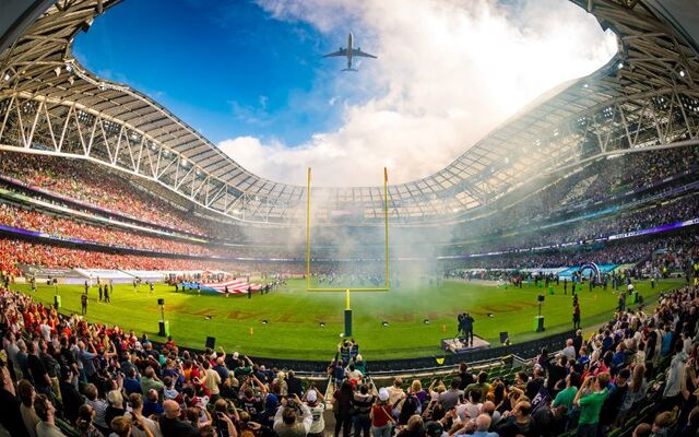 An Aer Lingus Aircraft completes a flyover of the Aviva Stadium in Dublin before kick-off.